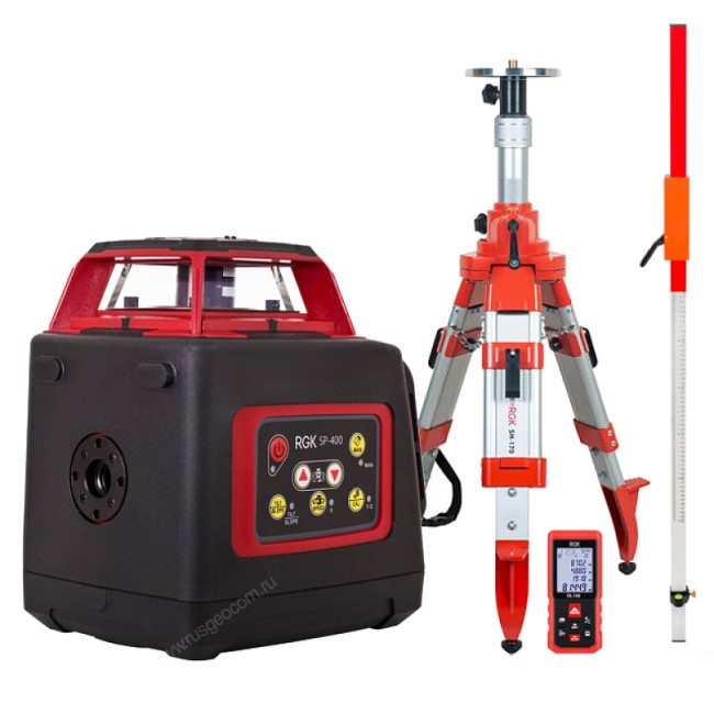 Комплект: ротационный нивелир RGK SP-400 + элевационный штатив RGK SH-170 + рейка RGK LR-2 + дальномер RGK DL100 Комплект: ротационный нивелир RGK SP-400 + элевационный штатив RGK SH-170 + рейка RGK LR-2 + дальномер RGK DL100