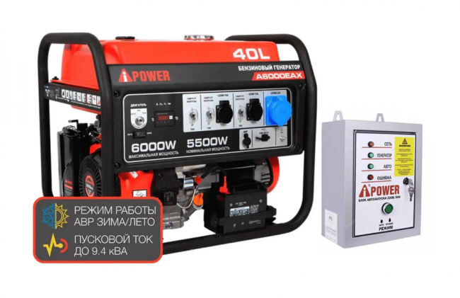 Бензиновый генератор A-iPower A6000EAX + блок автозапуска A-iPower 400 В, 25 А Бензиновый генератор A-iPower A6000EAX + блок автозапуска A-iPower 400 В, 25 А