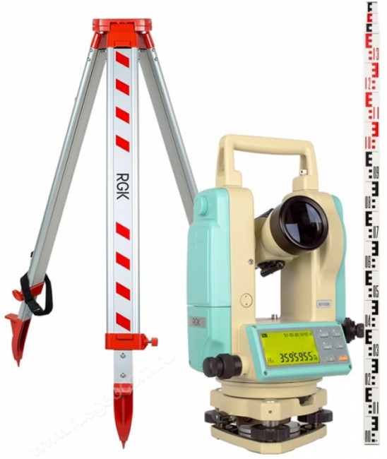 Комплект теодолит RGK T-02 с лазерным целеуказателем штатив рейка - 3 в 1 Комплект теодолит RGK T-02 с лазерным целеуказателем штатив рейка - 3 в 1