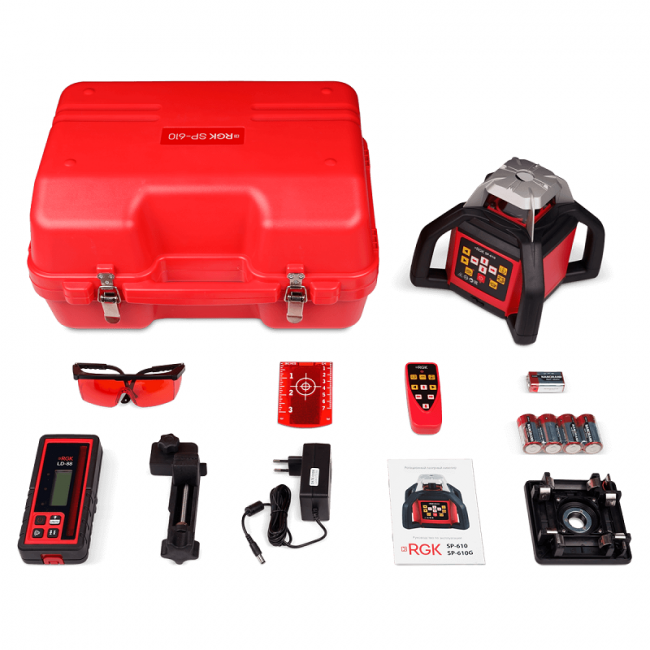 Комплект: ротационный нивелир RGK SP-610 + штатив, рейка Комплект: ротационный нивелир RGK SP-610 + штатив, рейка