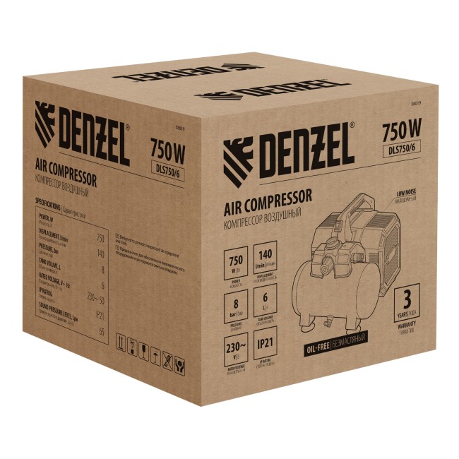 Компрессор безмасляный малошумный DLS750/6 Denzel Компрессор безмасляный малошумный DLS750/6 Denzel