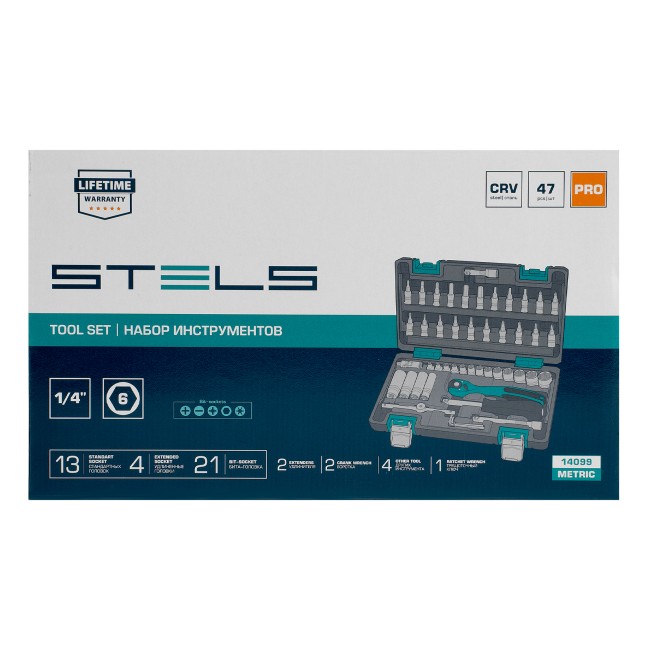 Набор инструментов 1/4", Cr-V 47 предметов Stels Набор инструментов 1/4", Cr-V 47 предметов Stels